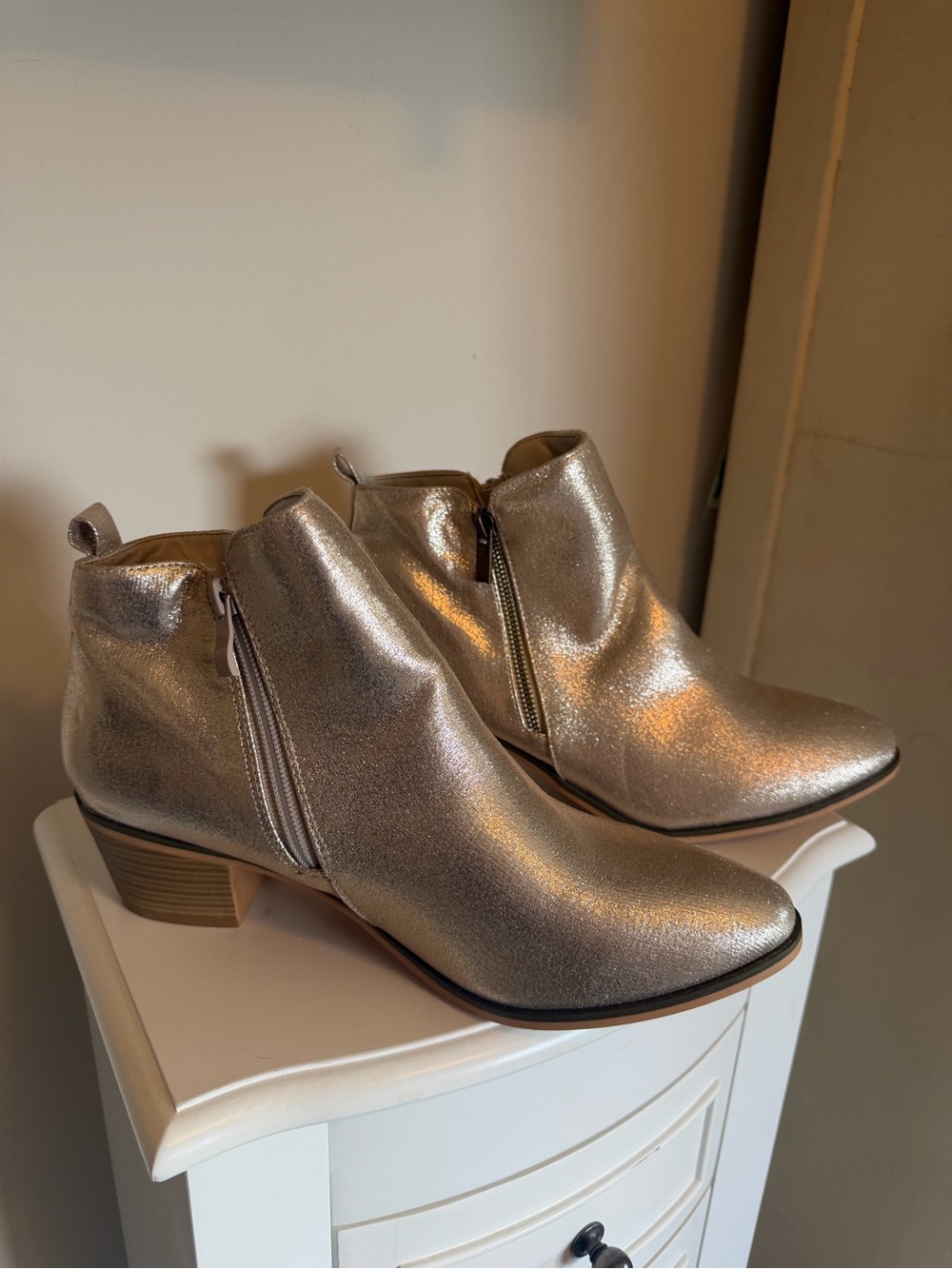 Metallic Gold Women’s Ankle Booties with Low Stacked Heel - Picture 3 of 5
